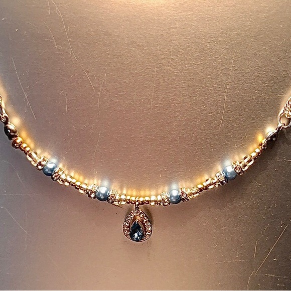 HAND CRAFTED Silver Gold Blue rhinestone pendant necklace Upcycled Vintage - Picture 2 of 6